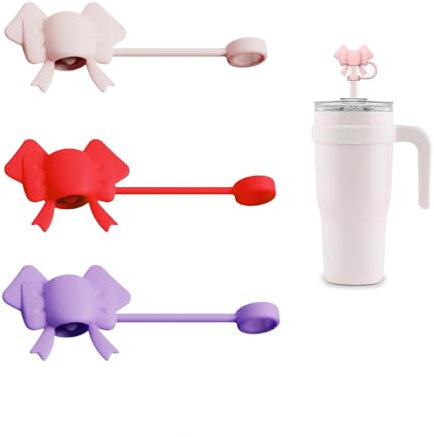 3 Pcs Classic Bow Straw Covers for Stanley Cups, 8-10mm Silicone Toppers Tips for 20 30 40oz Tumbler with Handle, Reusable Dust-Proof Lids Protectors Stopper Accessories(Pink Red Purple)