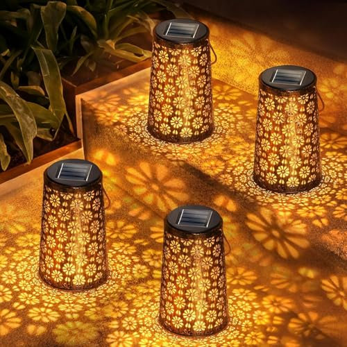Solarlaterne für Außen, 4 Stück Vintage LED Gartenleuchte mit Blumenmotiv, IP65 Wasserdicht & Automatische Beleuchtung, Dekolaterne für Balkon Terrasse Camping Rasen Hinterhöfe
