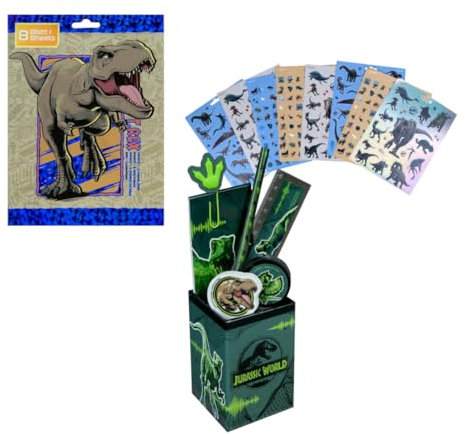 Undercover Gefüllte Stiftebox Jurassic World Dino Set mit Stickern, Zeichenset mit Stickerblock, Kreativset für Kinder