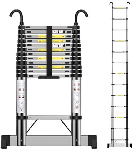 Telescopic Ladder 3.8m, Home Portable Ladder with Hooks, Aluminium, Height Adjustable, Home Storage, Attic, Maintenance Garden etc.