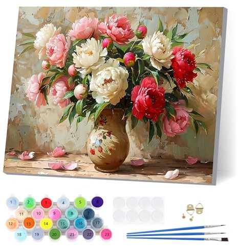 EOBROMD Peony Paint by Numbers for Adults, Flowers Paint by Numbers Kits with Frame, Painting by Numbers for Gift Home Wall Decor 12x16inch