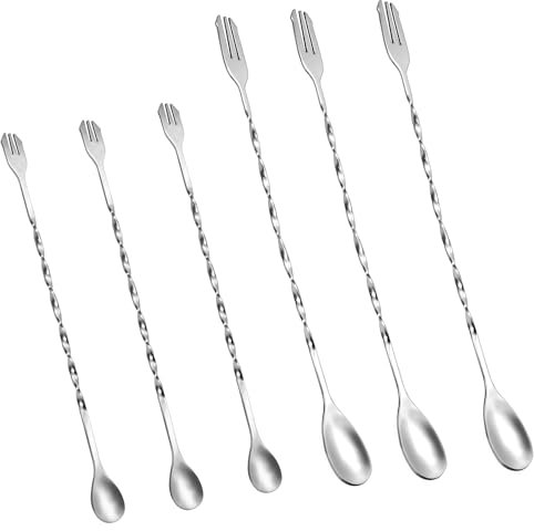 6 cucharas de cóctel, cuchara mezcladora de acero con tenedor, cucharas de bar, cucharas largas. Cuchara de cóctel para coctelera para cócteles, batidos, zumos, té