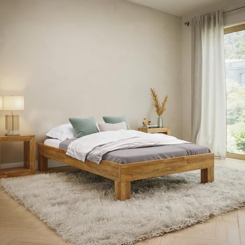 skølm Floki Massivholzbett 120x200 cm aus Eiche - hochwertiges Bettgestell - Bettrahmen ohne Bettkopf - Holzbett in Natur geölt - Bett 120x200 cm geeignet als Doppelbett - Futonbett