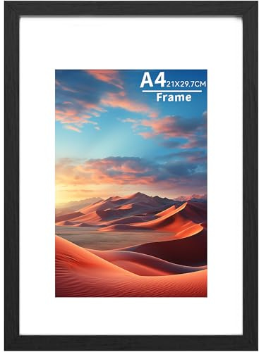 A4 Frame Wooden Picture Frames with A5 Mount,A4 Photo Frame with Acrylic Glass, A4 Picture Frame with Stand Tabletop or Wall Hanging,Certificate Frame Landscape or Portrait Orientation,Black,1P