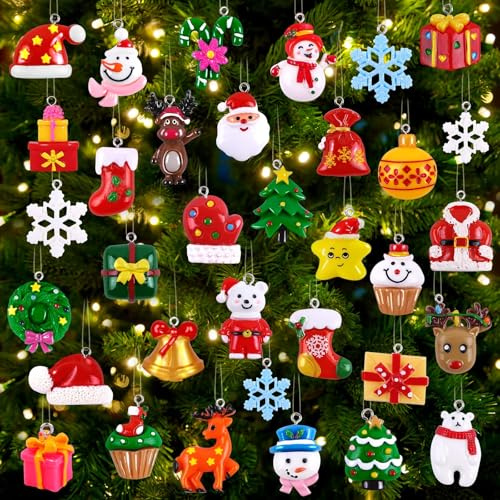 DTYDECLE 38pcs Christmas Miniature Resin Hanging Ornaments, Assorted Mini Xmas Tree Snowman Santa Claus Resin Hanging Embellishments with Strings for Christmas Party Tree Decoration Supplies