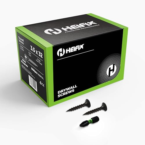 Heifix Drywall Screws - 3.5 x 32mm, 1000 QTY, Black, FREE PH2 Screw Bit | Black Phosphate Plasterboard Screws With Fine Thread And Countersunk Heads. Ideal For Fixing Drywall To Timber And Studwork.