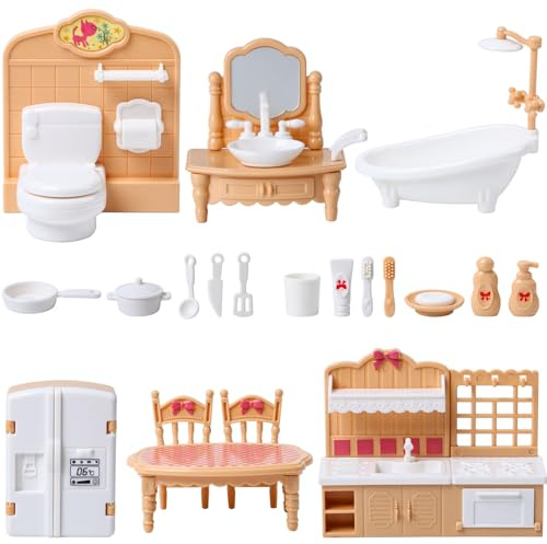 Puppenhaus Möbel Set,Puppen Zubehör Spielzeug Rollenspiel Geschenk für Jungen Mädchen Kleinkinder ab 3 Jahren, Geeignet für Puppenhaus-Liebhaber Individuelle und Gruppenspiele