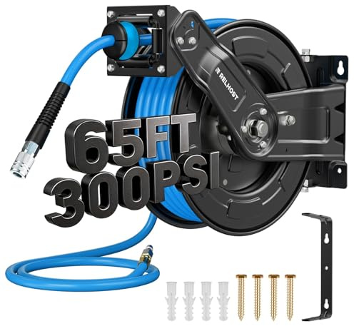 Relhost Retractable Air Hose Reel 6ft x 3/8 Hybrid Air Hose Max 300 PSI Heavy Duty Air Compressor Hose Reel with Double Arms Return