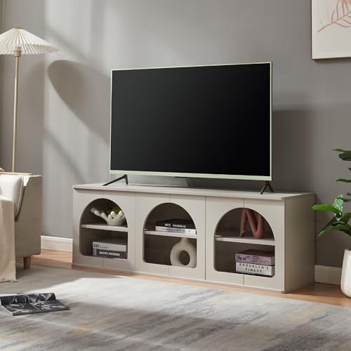 [en.casa] Mueble de TV Trorhun con 6 Compartimentos Mueble de Salón con Diseño Arqueado Mesa de Tele con Tablero Rectangular Aglomerado MDF 140 x 38 x 48 cm - Gris