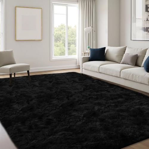 JOYARR Hochflor Wohnzimmer Teppich, Flauschig Waschbar rutschfest Moderne Teppiche Groß für Schlafzimmer Büro Esszimmer Kinderzimmer Spielzimmer, 140x200 cm, Schwarz