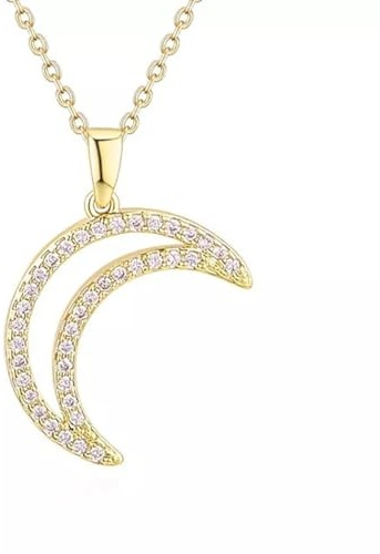 Löb 750er Gold Vergoldet Halskette Zirkonia Mond Anhänger Halbmond Kette Damen Glitzer Boho Trachtenkette Trachtenschmuck Dirndl Oktoberfest Schmuck