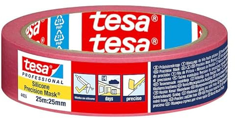 tesa Professional 4455 Silikon Präzisionskrepp (25m x 25mm) – Rotes Washi-Tape für Silikon & Anti-Graffiti-Beschichtungen – Extrem flache Farbkanten & rückstandsfrei entfernbar