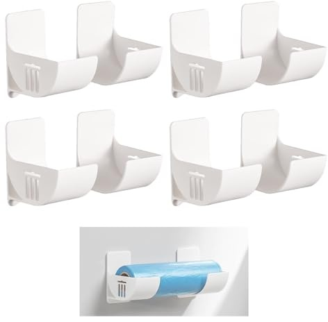 4 Pairs Bin Bag Holder Self-Adhesive Plastic Bag Holders Wall Mounted Kitchen Roll Holder Cupboard Door Storage Organiser No Punching Garbage Bag Dispenser for Tin Foil, Cling Film, Trash Bag (White)