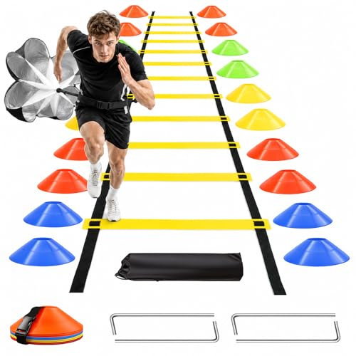 Suxulxn Accessoires d'entraînement de football pour enfants, échelle de coordination de 6 m, 12 pièces, 20 chapeaux de marquage 18 g, parachute de sprint, kit d'entraînement de football avec sac de