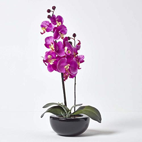 Homescapes - Orchidea con fiori di seta color ciliegia in vaso nero rotondo di altezza 54 cm, fiori e piante artificiali per decorazione di interni