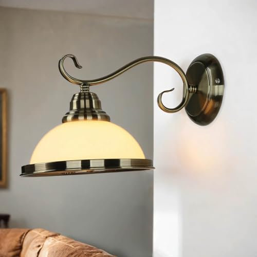 Wandleuchte Messing Antik mit Glasschirm – Retro Wandleuchte Vintage – Jugendstil – T:31 cm – E27 – Wandleuchte Wohnzimmer Flur – Wandlampe Antik
