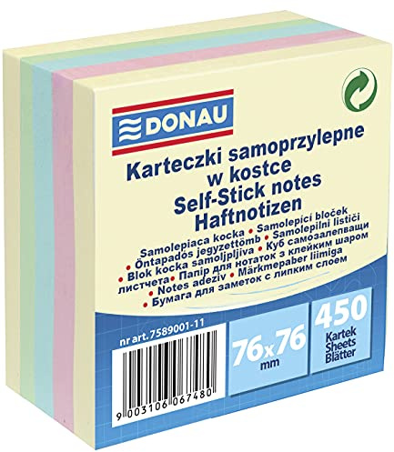 DONAU 7589001-11 Notes Haftnotizen Farben Selbstklebewürfel Haftnotizzettel Sticky Notes 76x76mm, 1x450 Blatt, Notizblöcke quadratisch für Büro Schule
