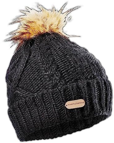 Black Crevice Damen Oversized Strickmütze mit Bommel, Haube, schwarz, weiß, BCR061004