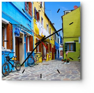 Modern Wanduhr Sonne Tag Fahrrad Straße 30x30cm Quadrat Klein Wand Uhr Glas Analog Zimmeruhren Küche Büro Wohnzimmer Glasuhr Wall Clock Dekoration Design Wanddekoration Küchenuhr C3AC30x30-2614