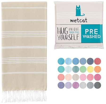 WETCAT Vorgewaschenes Super weiches türkisches Handtuch, 100% Baumwolle, Stranddecke, Pestemal, Fouta, Überwurf – für Bad, Strand, Pool, Picknick, Yoga, Reisen, 94 x 178 cm – Katze Katze Basic Beige