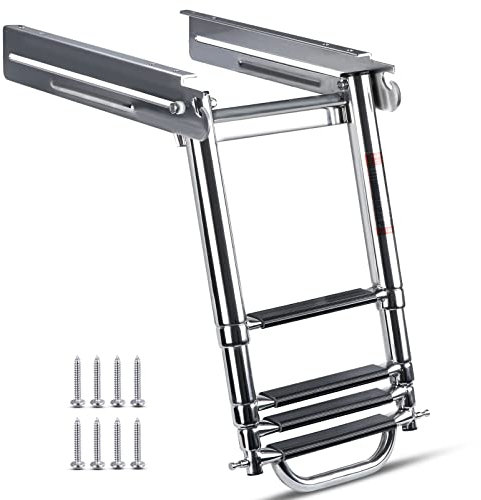 Marinebaby 3-4 Step Boat Ladder Under Platform Slide Mount Boat Boarding Ladder, Telescoping Ladder with a Carry Handle and Mounting Screws, Press-Type Spring Latch (4 Steps)