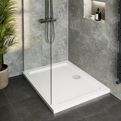 Hydrolux® 900 x 700 x 40mm White Bathroom Shower Tray for Enclosures Cubicles & Wet Room with Waste Stone Resin, Rectangular
