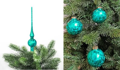 JACK by Thüringer Glas Eislack Christbaumspitze 28cm + 12x Christbaumkugeln 6cm Spitze Weihnachtskugel Set, Farbe:Petrol