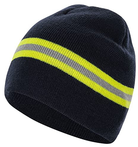 PACOTEX Helden Beanie Mütze Marineblau mit gelb-Silber-gelb Feuerwehr Optik Wintermütze
