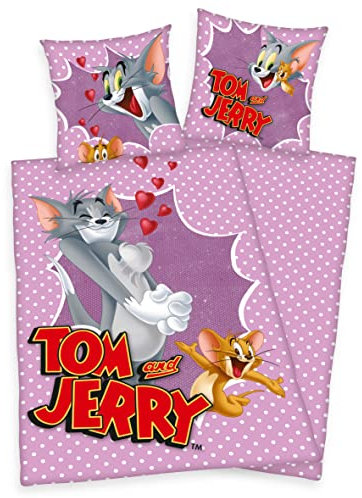 Herding 2tlg. Kinder Bettwäsche Tom & Jerry 135x200cm Baumwolle Bettdecke Bettgarnitur lila