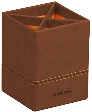 RHODIA 194523C - Pot à Crayons Cuivre - 8 x 8 x 11 cm - Piqûres Sellier Orange - Extérieur Simili Cuir-Collection Home Office rama - Organisation de Bureau & Rangement Design