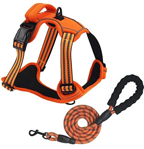 No Pull Dog Harness for Small Medium Large Dogs Adjustable Reflective Pet Vest with Front clip Handle Padded dog harness and lead set best for outdoor Training and walking Orange M