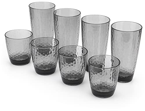 KOXIN-KARLU Hammerschlag-Acrylgläser, 425 ml und 740 ml, Rauchgrau, 8 Stück