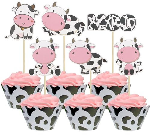 Gyufise 36Pcs Cow Cupcake Toppers Farm Animal Happy Birthday Cupcake Decorations for Cow Farm Animal Zoo Themed Kids Boy Girl Birthday Party Supplies Three Layers Party Decor
