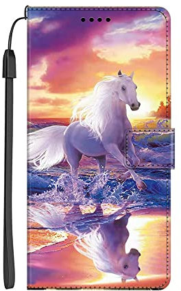 VLQI Coque Compatible avec Nokia G21 Étui Rabattable Motif Cheval Blanc Housse Flip Cover Magnétique PU Cuir Support Porte-Cartes Pochette Antichoc Protection