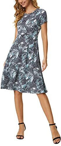 EXCHIC Femmes Fleurs Imprimé Manche Courte Midi Robe Col Rond Longueur Genou Taille Haute Elastique Robe(L, 14)