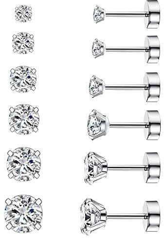 Thokono 6 Paar Ohrringe Set Edelstahl Hypoallergene Sparkling CZ Diamant Ohrstecker Zirkonia für Damen Herren Mädchen Männer Silber 3mm-8mm