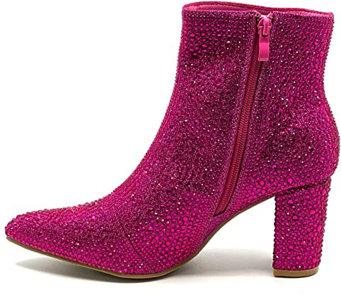 Botín de tacón grueso con bloque de diamantes de imitación para mujer, Diamantes de imitación fucsia, 38 EU