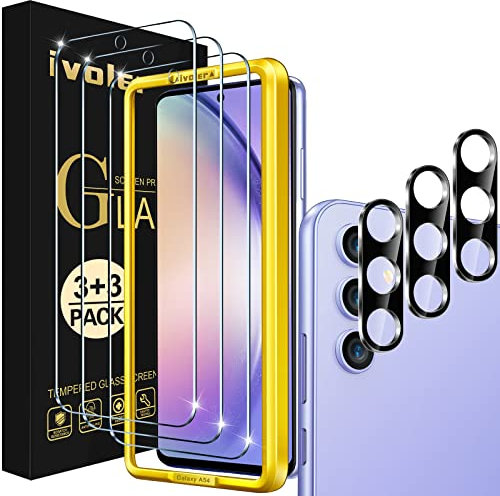 ivoler 3 Piezas Protector de Pantalla para Samsung Galaxy A54 5G con 3 Piezas Protector de Lente de Cámara y Marco de Instalación, Cristal Vidrio Templado Anti-Arañazos, 9H Dureza, Ultra HD