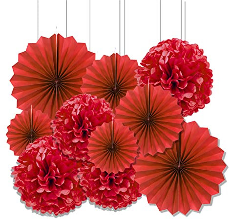 Vsosfiza Papier Dekoration Rot,Hängender Papier Pompons und Papier fächer Rot,Seidenpapier Pompons und Papierfächer für Hochzeit,Geburtstag,Party(10 Stück)