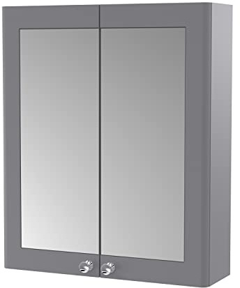 nuie CLA217 Classique Traditional Bathroom Wall Hung 2 Door Mirror Cabinet, 600mm, Satin Grey