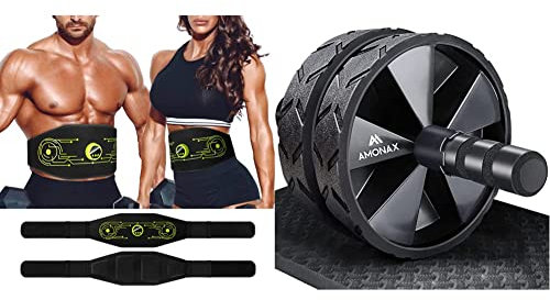 YTTQ EMS Bauchmuskeltrainer Elektrisch, EMS Trainingsgerät, EMS Bauchtrainer Gürtel, Stimulationsgerät Bauchmuskeln(Grün) & Amonax Bauchroller, bauchtrainer ab Roller, bauchmuskeltrainer ab Wheel Set