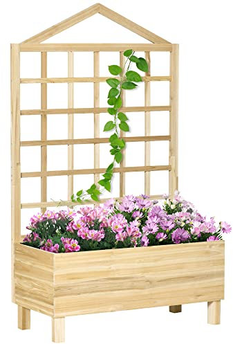 Outsunny Wooden Planters with Trellis for Vine Climbing, Raised Beds for Garden Patio, Outdoor Planter Box for Vegetables, Flowers, Herbs, Distressed Natural Tone