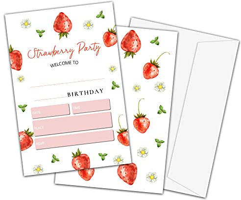 TIOFUNO Erdbeer-Geburtstagseinladungen, Sweet Berry Party-Einladungskarten für Kinder, Jungen und Mädchen, 20 Stück, doppelseitige Einladungskarten zum Ausfüllen mit Umschlägen – C25