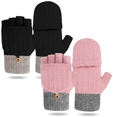 Fingerlose Handschuhe Damen Winter Warme Fäustlinge Strickhandschuhe Mit Flip Top Sport Warm und Winddicht Winterhandschuhe für Damen und Herren 2 Paar