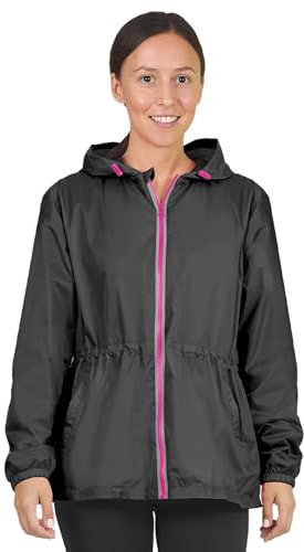 PERLETTI Giacca Impermeabile Donna Antivento Leggera - Giacca a Vento Pioggia Sportivo con Cappuccio e Dettagli Catarifrangenti - Trench Impermeabile Ragazza Antipioggia Corsa Outdoor (M, Nero)