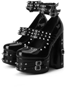 Frankie Hsu Goth Chunky Plateau High Heels Pumps Ankle Bootie Schwarz Lack Riemchen Nieten Punk Gothic Y2K Hot Girl Stiefel Große Größe Schuhe für Damen Herren, Schwarz, 39 EU