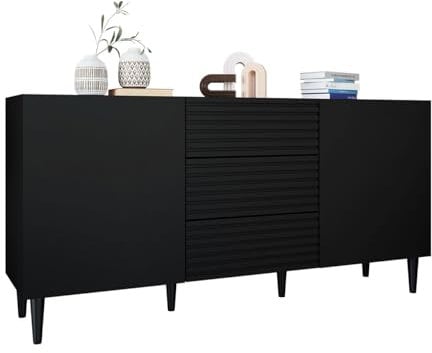 Mirjan24 Kommode Nakomo 2D3SZ mit 3 Schubladen und 2 Türen, geriffelte Fronten, Griffloses Öffnungssystem, Highboard, Anrichte, Sideboard, Mehrzweckschrank, Wohnzimmerschrank (Schwarz)