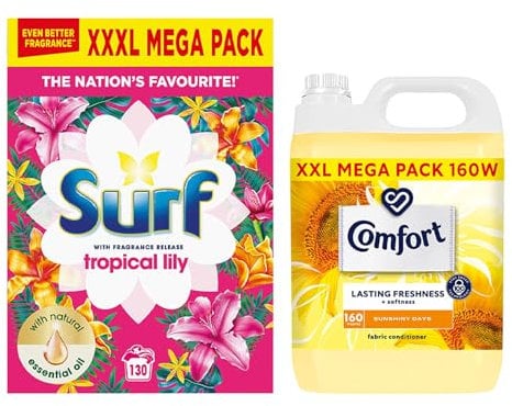 Surf Laundry Powder Tropical Lily & Ylang-Ylang 130 Washes 6.5 KG Washing Powder with Comfort Fabric Softener XXL Mega Pack Fabric Conditioner of Your Choice 160 Washes 4.8 Litre (Sunshiny Days)