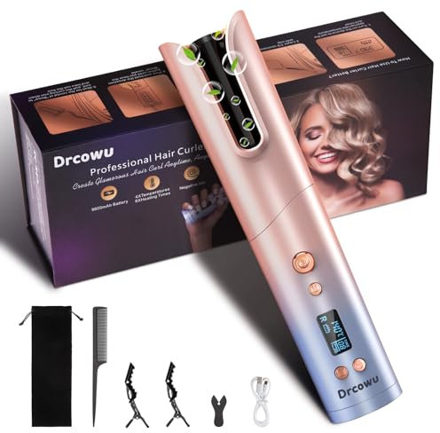 Drcowu Ferro arricciacapelli automatico senza fili, Portatile e Intelligente con batteria da 9600 mAh, Schermo LCD, 4 temperature e 6 impostazioni di tempo, display LCD, 8-18s Timer, 20mm