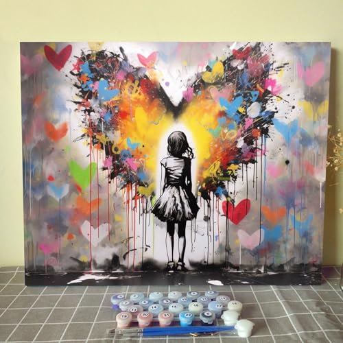 The Girl Looks at The Wall of Love Graffiti Banksy Street Art Kit de peinture à l'huile par numéro pour adultes et débutants - 40,6 x 50,8 cm - Cadeau (sans cadre)